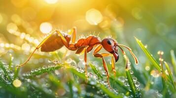 ai generato ultra macro tiro di un formica navigazione un' carico di gocce di rugiada erba lama. generativo ai foto