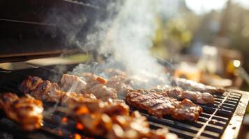 ai generato un' ardente barbecue griglia con parente e amici, con Fumo sbuffi crescente nel un' soleggiato estate cielo. foto