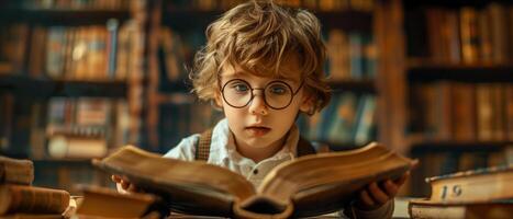 ai generato un' curioso ragazzo con bordo spesso bicchieri lettura un' di spessore libro nel un' biblioteca, mondo libro giorno concetto foto