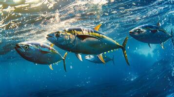 ai generato pinna gialla tonno su chiaro blu mare. vicino su foto di madidihang pesce nel suo naturale habitat.