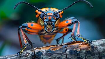 ai generato vivido arancia e nero tigre scarafaggio arroccato su frastagliato ramo, per fornire un' alta qualità, visivamente stimolante azione foto di un' unico insetto specie