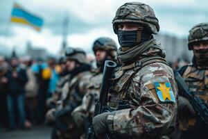 ai generato combattenti di il nazionale guardia di Ucraina a il celebrazione di il giorno di il città di drogobich foto