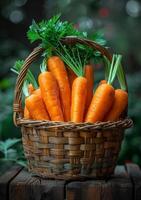 ai generato fresco biologico carote nel basketa cestino con carote seduta su un' di legno superficie foto