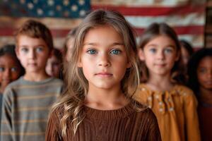 ai generato carino ragazza e gruppo di scuola bambini in piedi nel davanti di un' grande americano bandiera, con orgoglio recitando il impegno di fedeltà per onore bandiera giorno foto