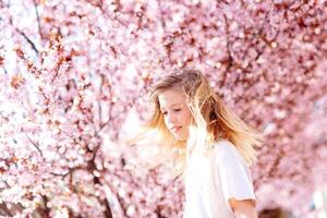 ragazza tra bellissimo ciliegia fiori nel pieno fioritura foto