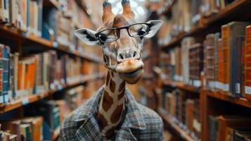 ai generato un' gioviale giraffa nel un' del bibliotecario abbigliamento organizzazione libri nel un' alto biblioteca, foto