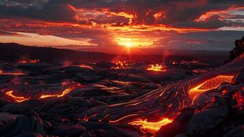 ai generato travolgente tramonto transizione fuso lava flussi contro grigio antracite terreno foto