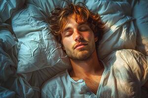 ai generato mondo dormire giorno concetto , un' uomo dormire su il letto .fotorealistico, ai generato foto