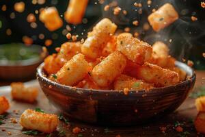 ai generato un' piatto di Mozzarella bastoni nel il cucina tavolo professionale pubblicità cibo fotografia foto