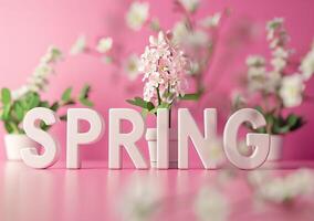 ai generato 3d reso 'primavera' testo circondato di rosa fiori per di stagione promozioni foto