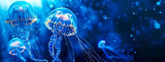 ai generato neon Medusa raggiante con bioluminescenza contro un' buio blu oceano fondale foto