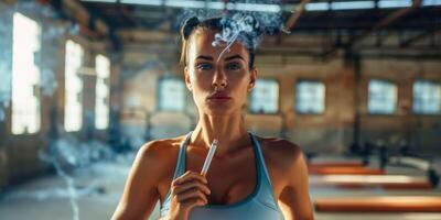 ai generato un' foto cattura un' forte donna indossare un' gli sport reggiseno mentre fumo un' sigaretta. il Immagine raffigura un' contraddittorio scena di Salute e malsano abitudini