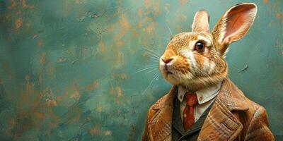 ai generato un' coniglio è raffigurato indossare un' formale completo da uomo e legare, trasudante un aria di raffinatezza e eleganza. il coniglio appare in bilico e pronto per un' professionale ambientazione foto