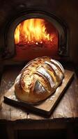 ai generato caldo e aromatico tradizionale forno produce appena al forno pane verticale mobile sfondo foto