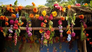 ai generato avvicinamento di un' meravigliosamente decorato sukkah su shemini atzeret. generativo ai foto