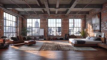 ai generato minimalista urbano soffitta con esposto mattone e grande foto