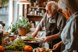 ai generato anziano coppia preparazione cibo.an anziano uomo con un' barba cuochi nel un' familiare cucina pieno con impianti, in mostra casa cucinando. foto