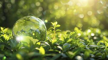 ai generato verde globo. ambientale sostenibilità con icone di ad esempio, co2 riduzione, circolare economia, e netto zero tecnologia. promozione sostenibile attività commerciale pratiche nel armonia con natura. foto