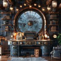 ai generato steampunk studia con Vintage ▾ gadget e ottone dettagli3d rendere foto