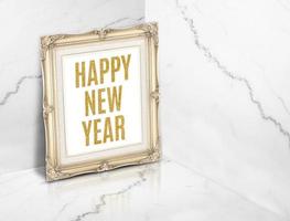 felice anno nuovo parola su vintage golden photo frame in bianco lucido angolo studio camera background foto