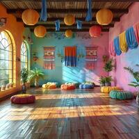 ai generato vivace latino danza studio con colorato decorazioni e un' di legno pavimento3d rendere foto