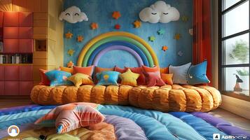 ai generato capriccioso bambini stanza dei giochi con luminosa colori e fantasioso decor3d rendere foto