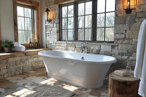 ai generato tranquillo tipo spa bagno con un' indipendente vasca e naturale pietra piastrelle foto