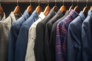 ai generato colorato Uomini moda sospeso tute nel un' memorizzare o showroom foto