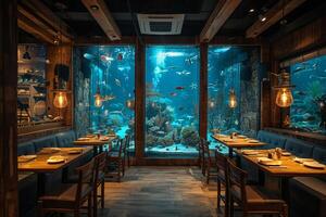 ai generato a tema subacqueo ristorante con acquario muri e marino arredamento foto