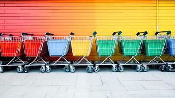 ai generato riga di carrelli supermercato.a vivace Schermo di shopping carrelli contro un' colorato parete, illustrare consumatore diversità e scelta. foto