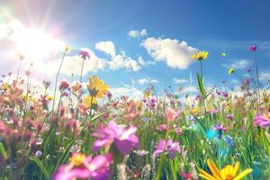 ai generato un' fiore prato nel primavera su un' soleggiato giorno. foto