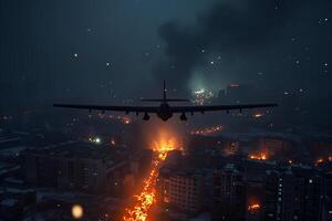 ai generato aereo fuco al di sopra di ardente città a notte foto