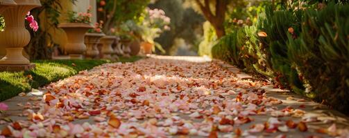 ai generato nozze corridoio ornato con petali foto