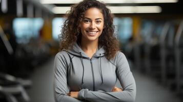 ai generato sfocato Palestra sfondo con giovane sportivo donna rifocalizzato, fitness tema con copia spazio per testo foto