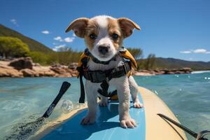 ai generato adorabile cane attraente un' onda, Perfetto per a tema surfista disegni, con spazio per didascalie foto