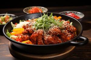 ai generato delizioso e appetitoso dakgalbi. tradizionale Sud coreano speziato Saltato in padella pollo piatto foto