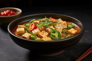 ai generato autentico e delizioso sudubu jjigae. Sud coreano morbido tofu stufato per soddisfare il tuo voglie foto