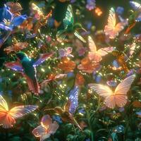 ai generato robotica colibrì, colorato farfalle, librarsi al di sopra di i campi di digitale fiori nel un' armonioso utopia 3d rendere, retroilluminazione, cromatico aberrazione foto