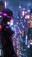 ai generato androide, metallico pelle, Avanzate ai, vagare attraverso un' futuristico città, sotto neon luci, 3d rendere, retroilluminazione, lente bagliore foto