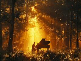 ai generato un' pianista e un ai comporre musica nel un' magico foresta, melodie riecheggiando tra torreggiante alberi 3d rendere, d'oro ora, lente bagliore foto