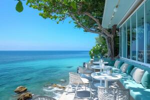 ai generato un' accogliente bistro arroccato su il bordo di il spiaggia foto