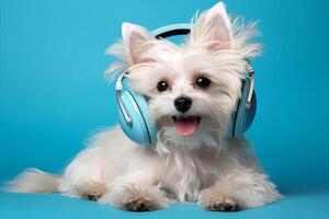 ai generato allegro dj cane nel cuffia. amante della musica animale domestico con spazio per testo su il blu sfondo. canino godendo melodie, divertimento concetto. foto