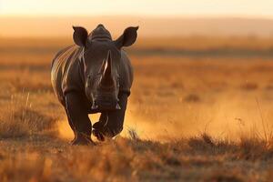 ai generato rinoceronte in esecuzione attraverso il savana safari.generative ai foto