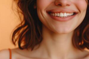 ai generato avvicinamento bellezza ritratto di un' sorridente donna foto