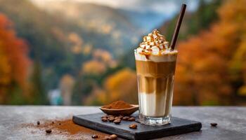 ai generato ghiacciato caramello macchiato nel un' con autunno sfondo foto