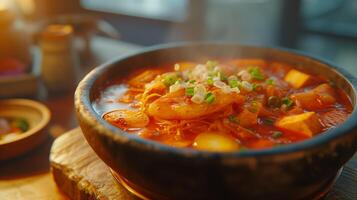 ai generato tradizionale coreano cibo. ciotola di caldo speziato kimchi jjigae. generato di artificiale intelligenza. foto