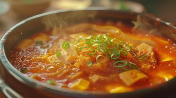 ai generato tradizionale coreano cibo. ciotola di caldo speziato kimchi jjigae. generato di artificiale intelligenza. foto