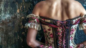 ai generato Vintage ▾ corsetto su un' donna contro rustico fondale foto