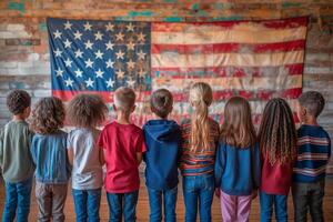 ai generato gruppo di scuola bambini in piedi nel davanti di un' grande americano bandiera, con orgoglio recitando il impegno di fedeltà per onore bandiera giorno foto