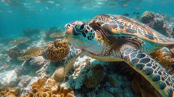 ai generato mare tartaruga nuoto al di sopra di corallo scogliera foto